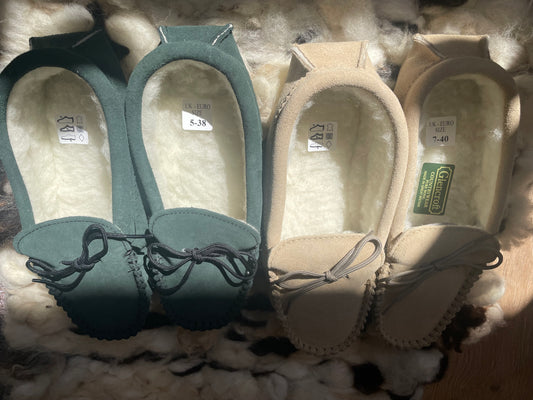 Green or Beige Lambswool Moccasins with Sole
