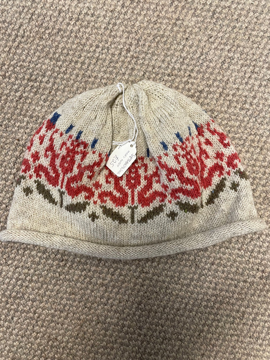 Cream and Pink Shetland Wool  designed Woollen hat