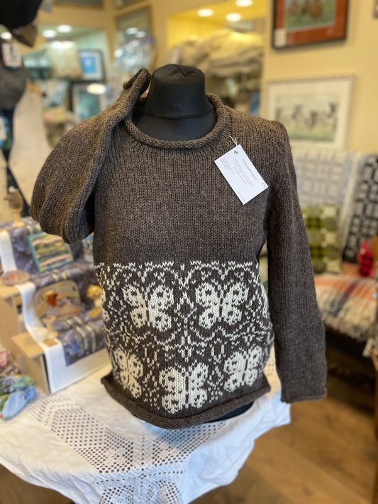 Cwmchwefru butterfly designed natural coloured wool jumper