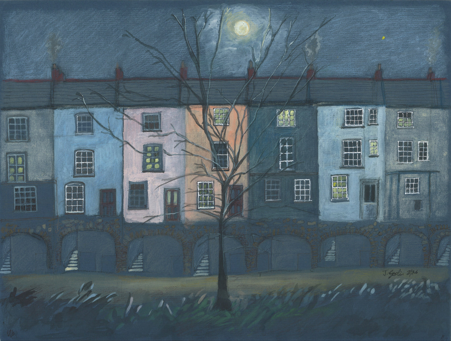 Harvest Moon over Bridge Street, Chepstow' A5 Blank Greeting Card