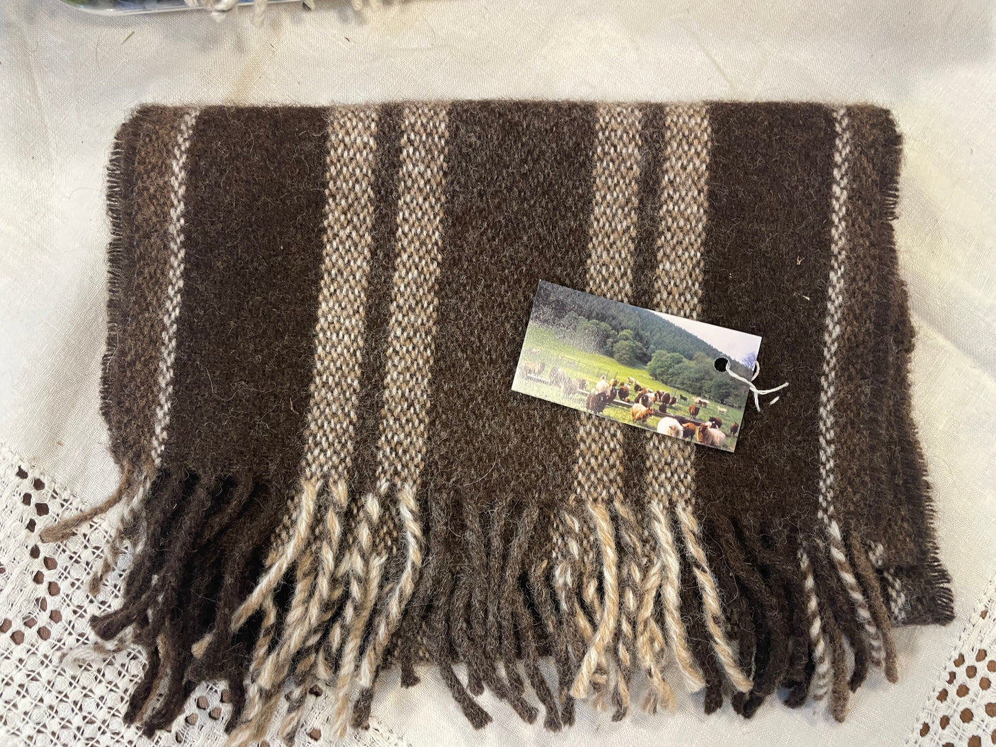 Woven woollen scarf Brown a Hufen Dwbl Streipen