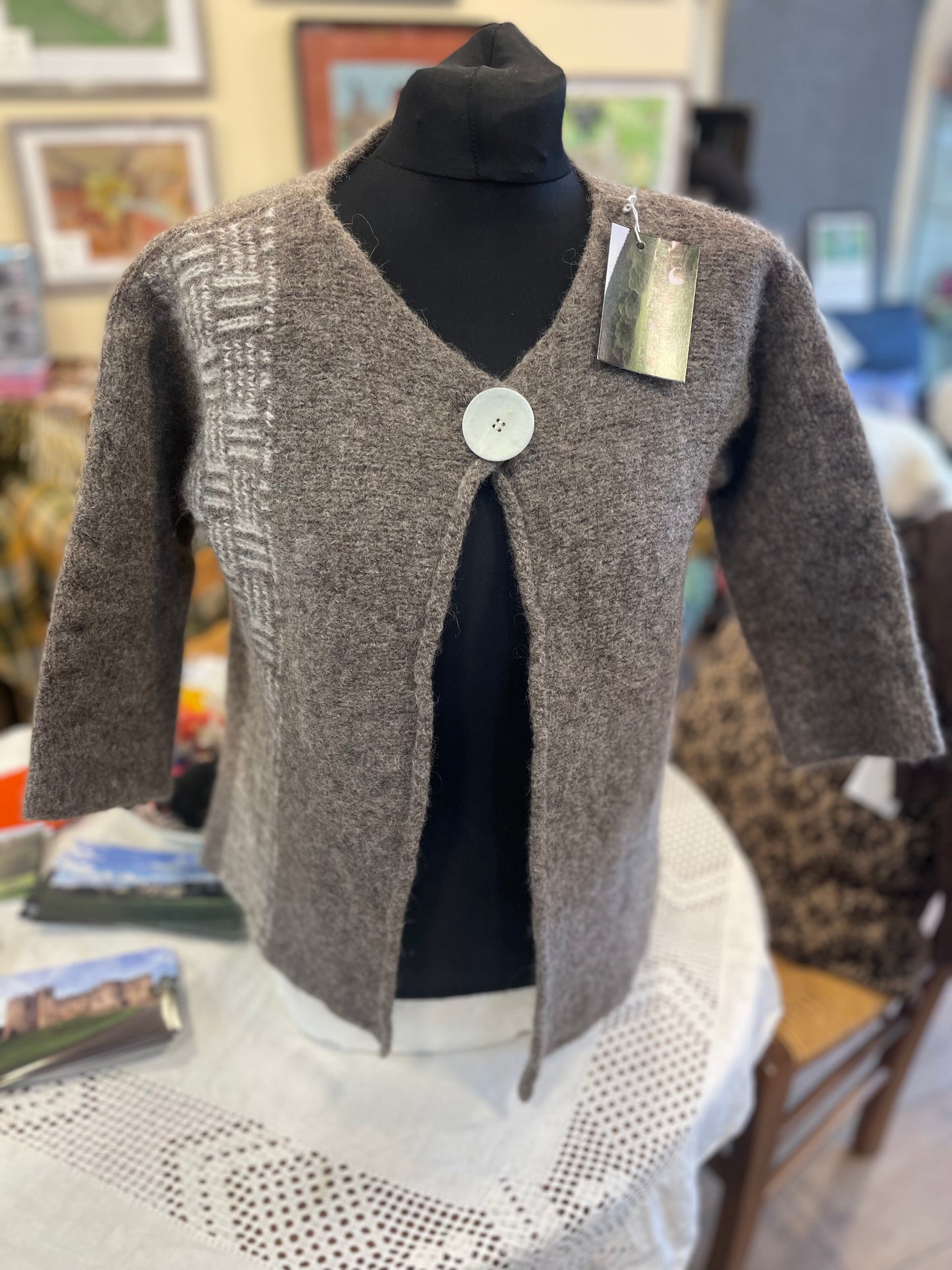 Natural beige grey coloured boiled wool Cardigan