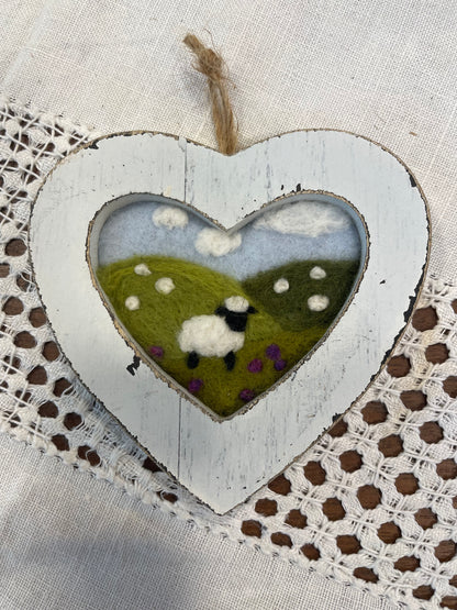 Sheep in landscape Wooden Heart